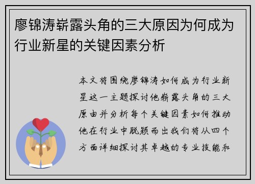 廖锦涛崭露头角的三大原因为何成为行业新星的关键因素分析