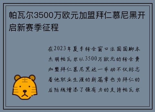 帕瓦尔3500万欧元加盟拜仁慕尼黑开启新赛季征程