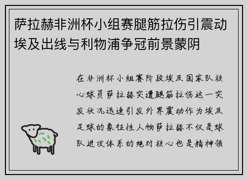 萨拉赫非洲杯小组赛腿筋拉伤引震动埃及出线与利物浦争冠前景蒙阴 萨拉赫非洲杯小组赛腿筋拉伤引震动埃及出线与利物浦争冠前景蒙阴
