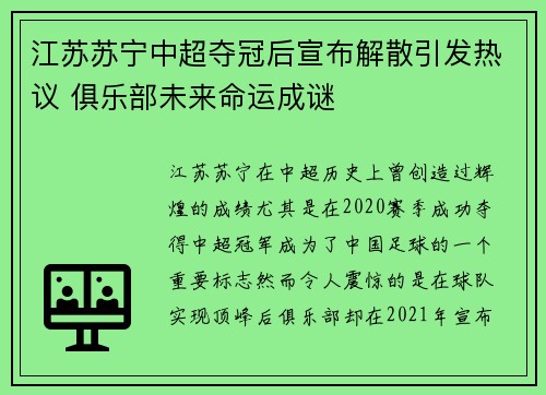 江苏苏宁中超夺冠后宣布解散引发热议 俱乐部未来命运成谜