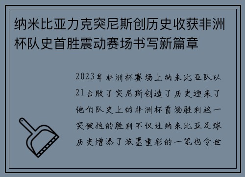 纳米比亚力克突尼斯创历史收获非洲杯队史首胜震动赛场书写新篇章