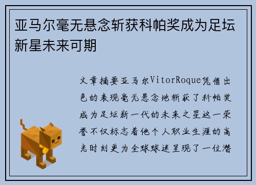 亚马尔毫无悬念斩获科帕奖成为足坛新星未来可期 亚马尔毫无悬念斩获科帕奖成为足坛新星未来可期