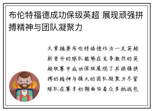 布伦特福德成功保级英超 展现顽强拼搏精神与团队凝聚力
