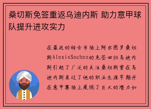 桑切斯免签重返乌迪内斯 助力意甲球队提升进攻实力